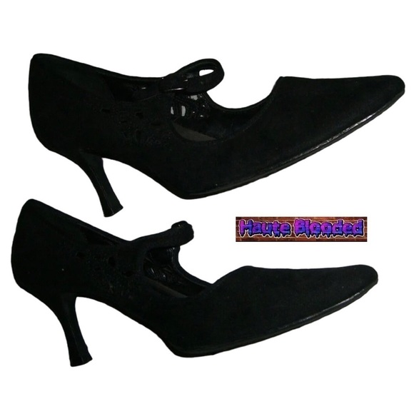 Predictions Black Mary Janes Heels Pointed Toe Witchy Gothic Halloween Cut Out 7 - Picture 4 of 11